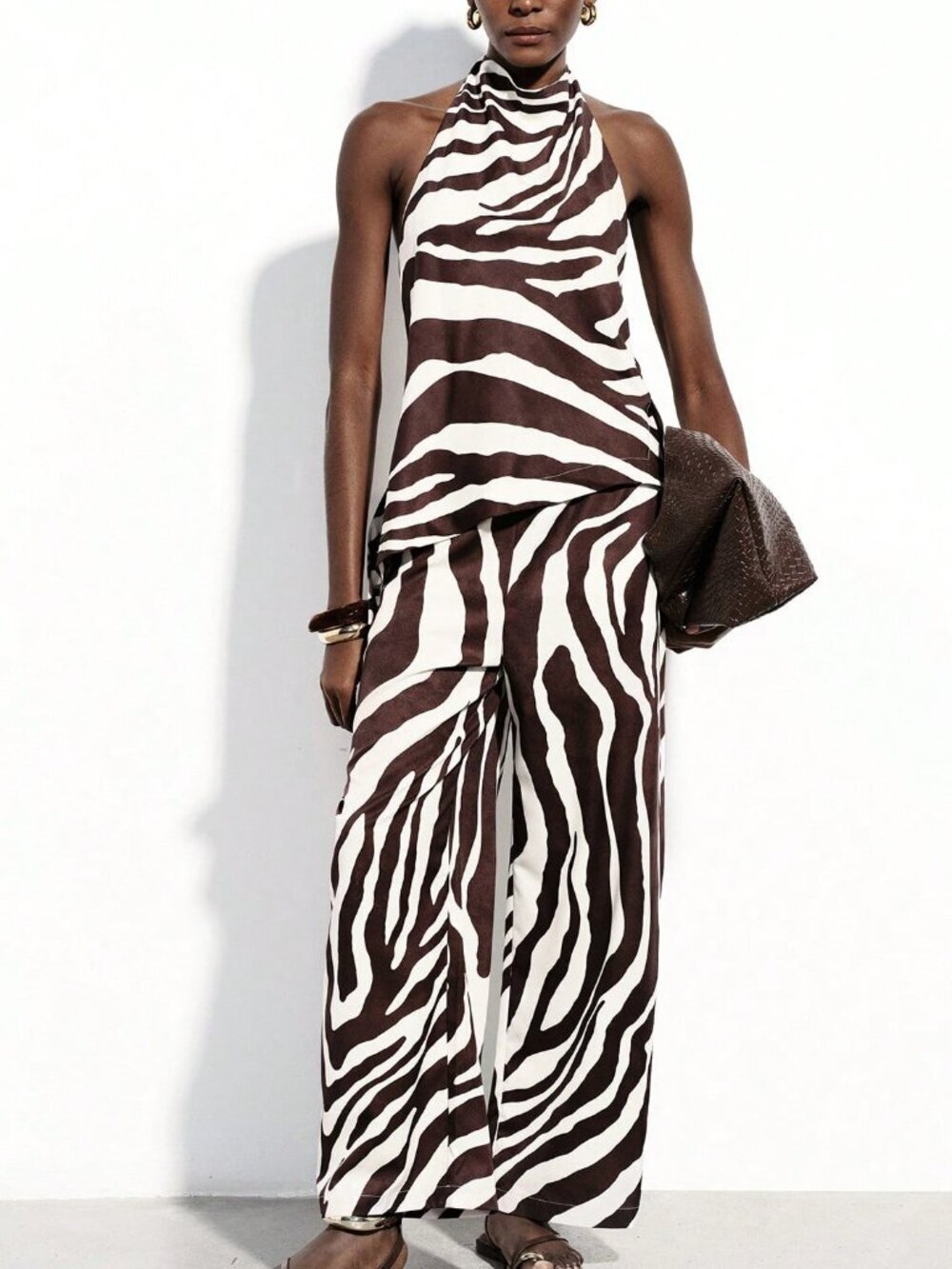 Multicolor Zebra Print Women's Halter Backless Drawstring Wide-Leg Pants Set - Picture 6 of 6